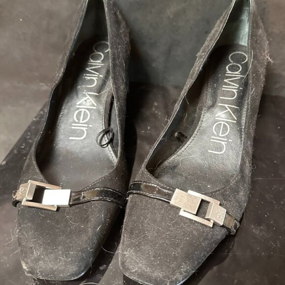 Calvin Klein Shoes - Black Calvin Klein Brush Faux Suede 8.5 Kitten Heel Buckle Square Toe Slip on